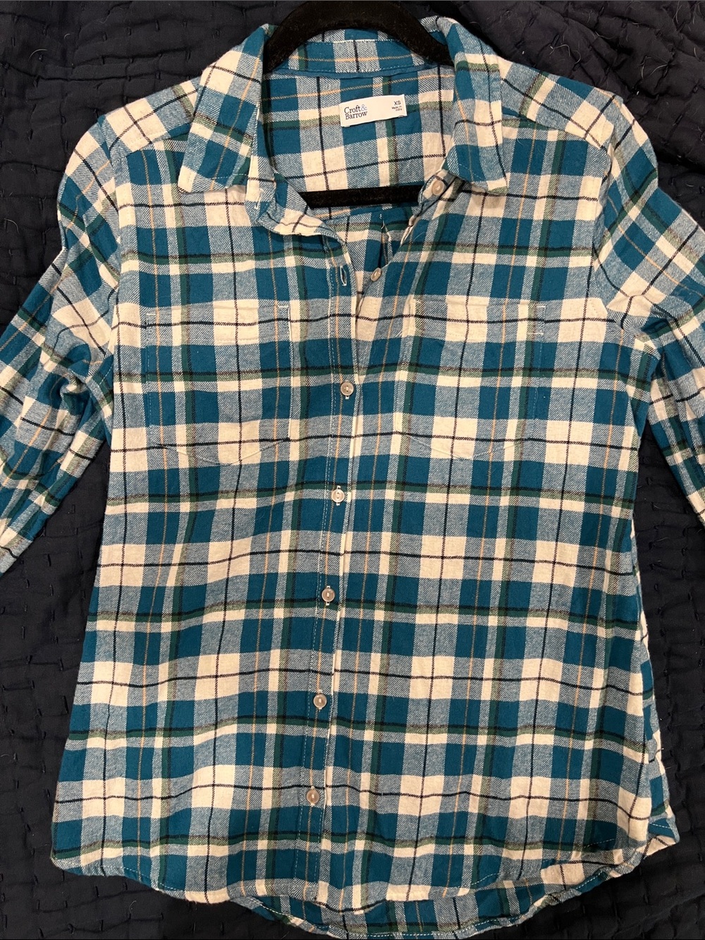 Teal, Green, Black and White Plaid Button-Up Flannel Shirt